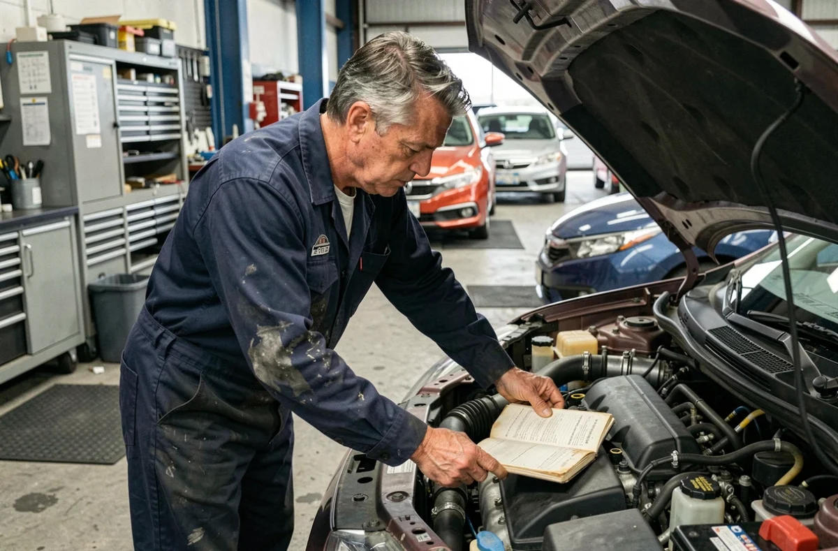 Mécanicien inspectant le moteur d'une Honda Civic dans un garage, symbolisant la fiabilité mécanique des marques automobiles japonaises