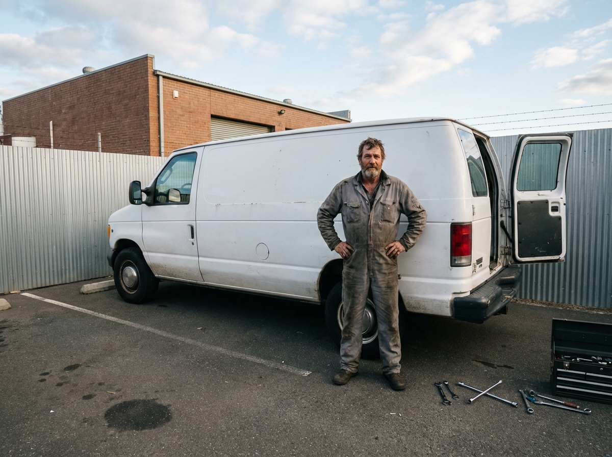 Mécanicien homme debout à côté d'une camionnette blanche dans un parking