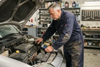 Mécanicien expérimenté inspectant un moteur 2.0 HDi 90 dans un atelier automobile indépendant