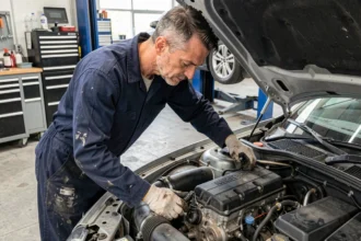 Mécanicien inspectant un moteur TCe turbocompressé dans un atelier automobile professionnel