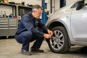 Mécanicien professionnel inspectant une voiture sans permis dans un garage automobile fiable
