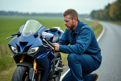 Mécanicien homme examine une moto sportive en campagne