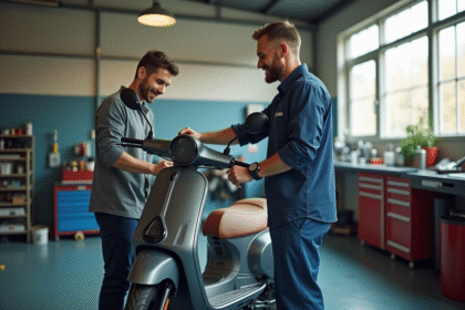 Mécanicien souriant dans un atelier propre vérifiant un scooter moderne