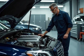 Mécanicien inspectant un moteur V12 dans un atelier moderne