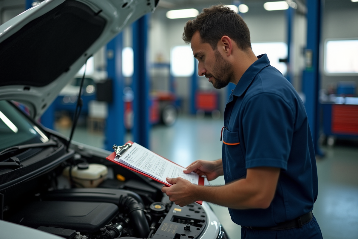 Mecanicien inspectant le moteur avec une checklist