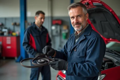 Mécanicien homme en atelier avec voiture et courroie de distribution