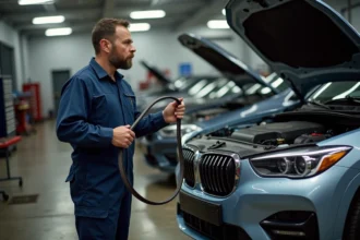 Mécanicien homme en overalls regardant des courroies auto