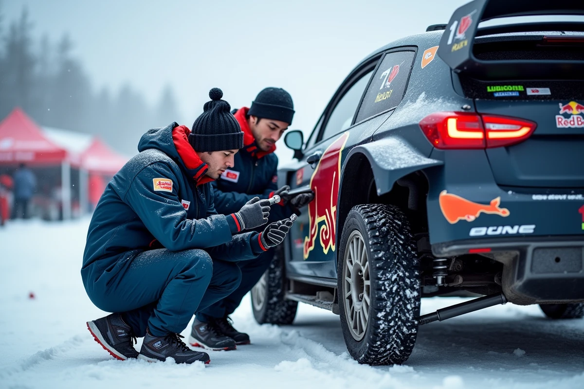 Équipe de mécaniciens de rallye effectuant un changement de roue dans un parc d'assistance enneigé
