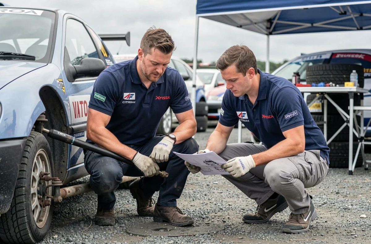 Équipe de mécanos inspectant une Saxo VTS en zone de service lors d'un rallye