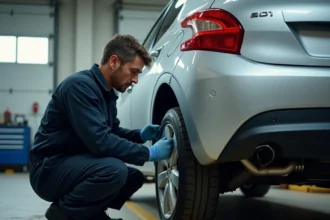 Mécanicien inspectant le système d'échappement antipollution d'une Peugeot 207 dans un garage professionnel