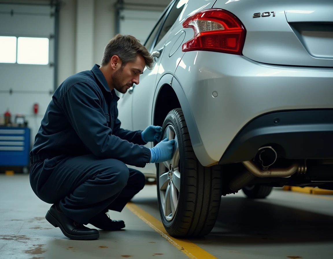 Mécanicien inspectant le système d'échappement antipollution d'une Peugeot 207 dans un garage professionnel
