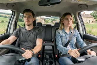 Un moniteur d'auto-école accompagne une élève conductrice sur une route de Corrèze, vue intérieure d'un véhicule école