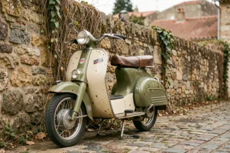 Mobylette vintage des années 70 garée contre un mur en pierre dans un village provençal, patine authentique et cobblestones