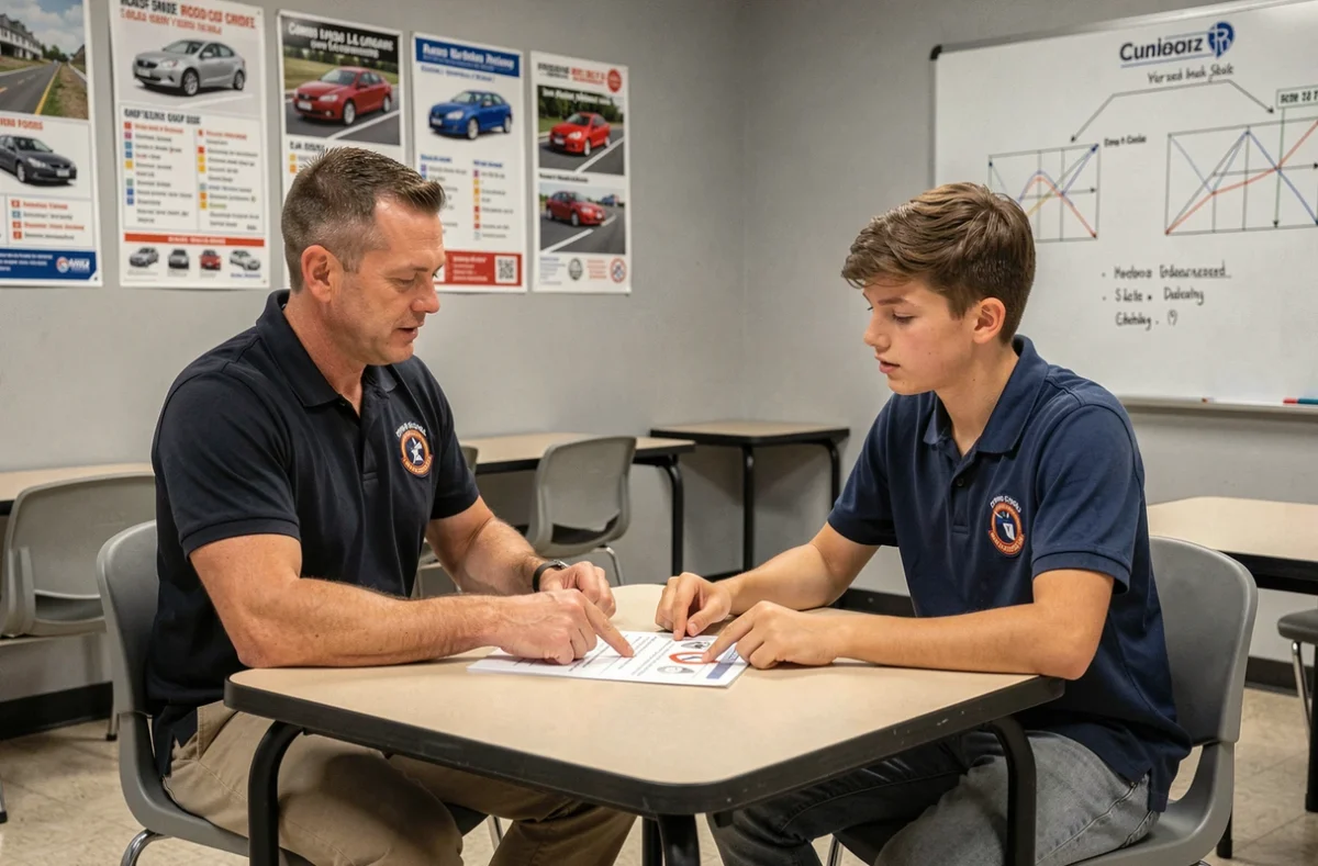 Moniteur d'auto-école expliquant les questions orales du code de la route à un élève dans une salle de cours avec des fiches imprimées