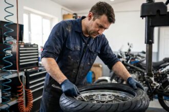 Mécanicien montant un pneu moto arrière sur une machine de démontage dans un atelier professionnel