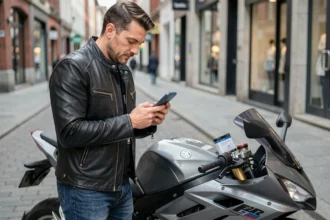 Motard consultant un comparateur d'assurance moto sur son smartphone en ville