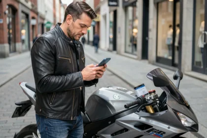 Motard consultant un comparateur d'assurance moto sur son smartphone en ville