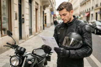 Jeune motard en veste textile étudiant son contrat d'assurance moto 125 sur le trottoir à côté de sa moto