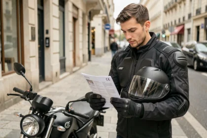Jeune motard en veste textile étudiant son contrat d'assurance moto 125 sur le trottoir à côté de sa moto