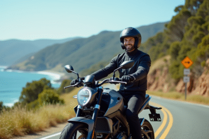 Motard souriant avec casque et équipement sur une route côtière en Victoria