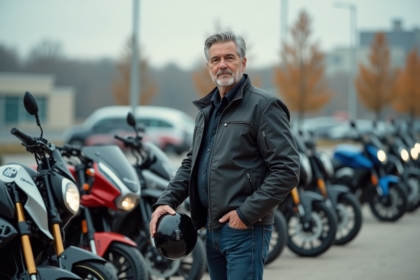 Motard homme urbain avec motos en arrière-plan