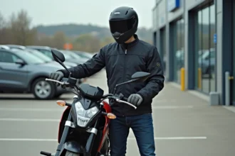 Jeune motard urbain avec sa moto devant un centre de contrôle