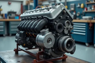 Moteur 1.6 HDi posé sur un établi de garage professionnel, montrant le bloc moteur diesel Peugeot Citroën Ford en détail