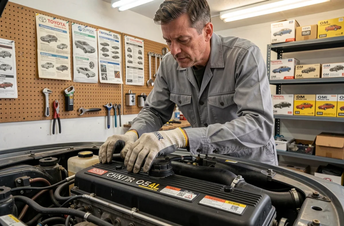 Mécanicien inspectant le moteur 4A-GE d'origine d'une Toyota AE86 Trueno dans un garage de restauration