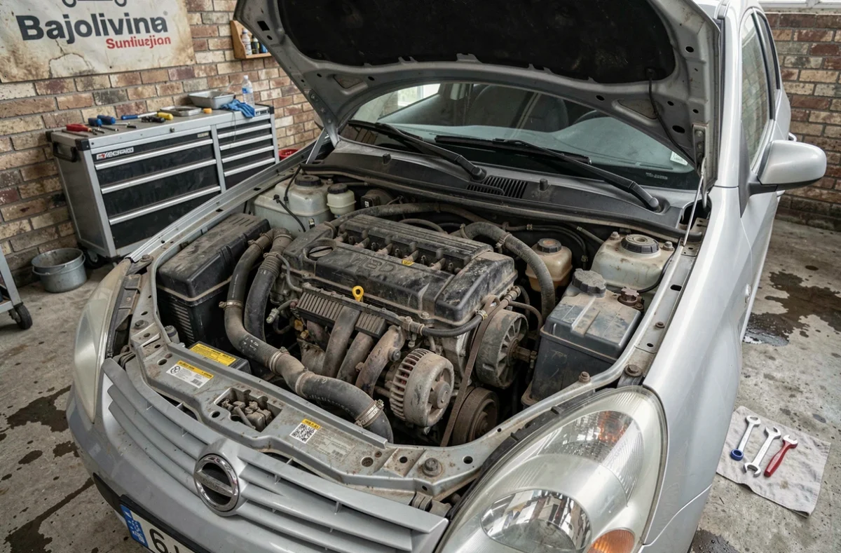Moteur diesel HDi 90 en vue rapprochée dans un garage indépendant lors d'un contrôle occasion