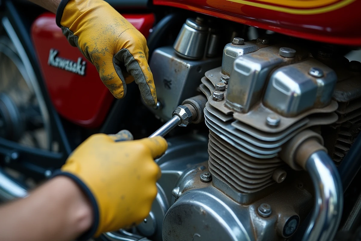 Gros plan sur le moteur bicylindre d'une Kawasaki KZ400J pendant un réglage des soupapes avec clé dynamométrique