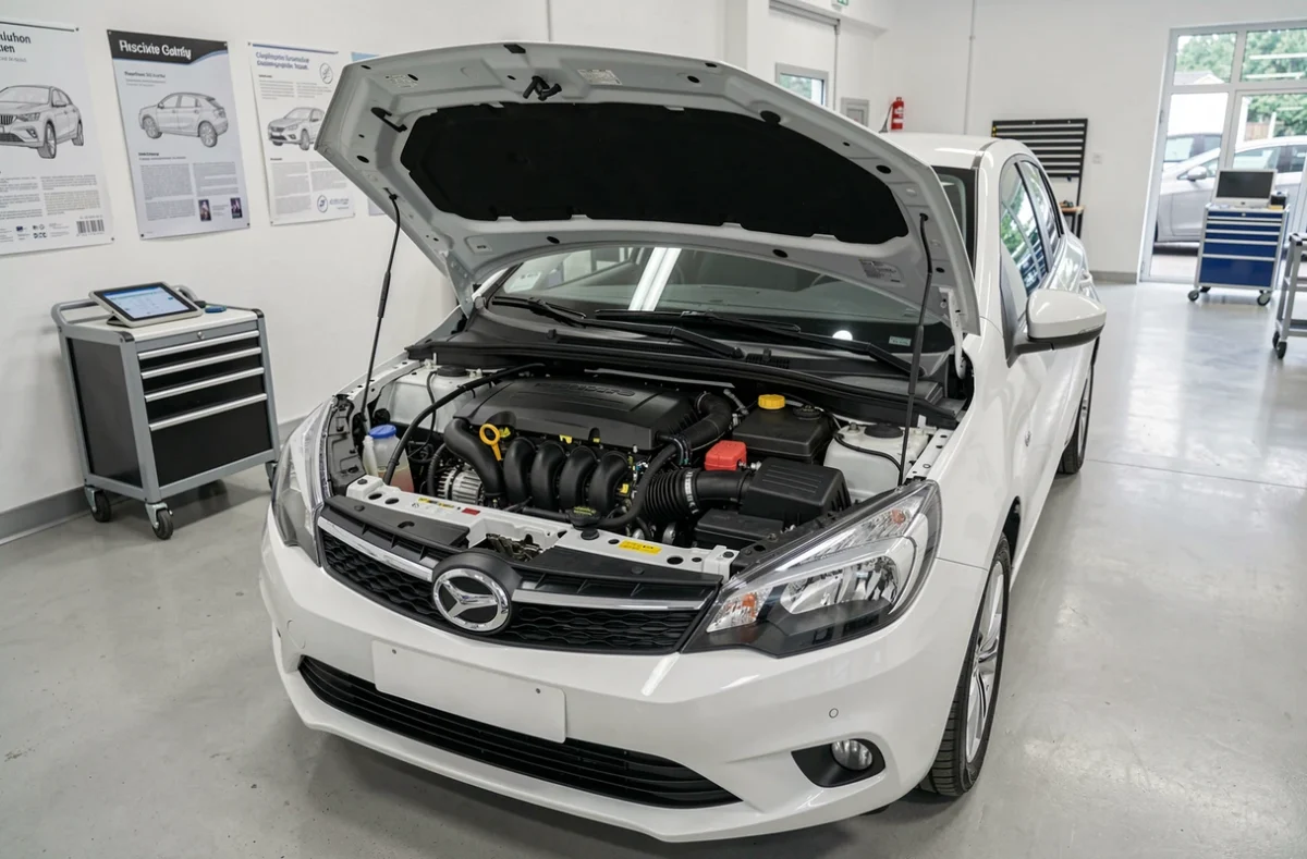 Moteur TCe à capot ouvert dans un centre de service automobile pour inspection technique