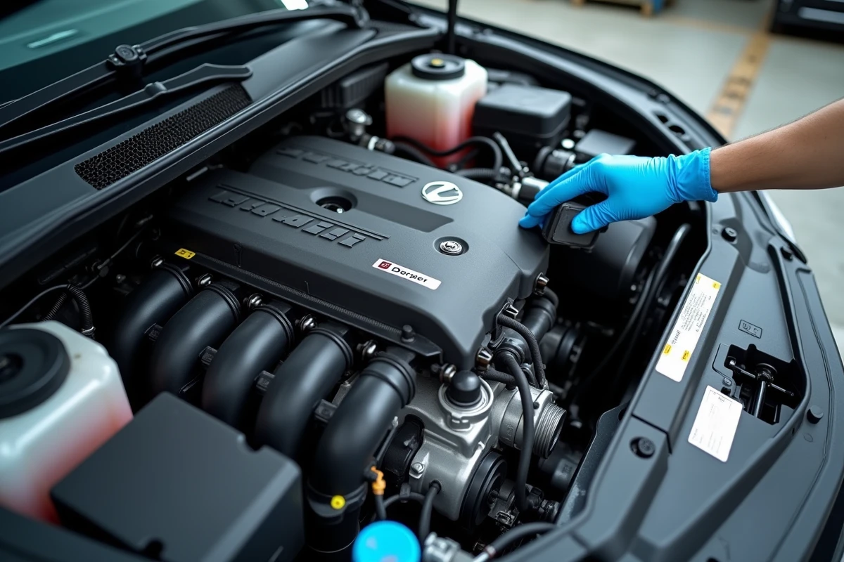Moteur quatre cylindres turbo inspecté en atelier pour analyse du régime et de la consommation à 130 km/h