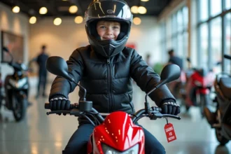 Adolescent de 14 ans assis sur une moto 50cc neuve rouge dans un concessionnaire, portant casque intégral et veste de protection