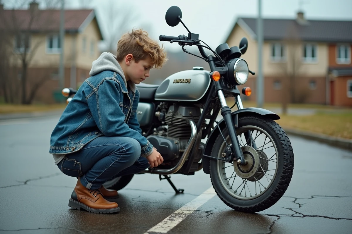 Jeune adolescent inspectant une moto 50cc d'occasion en extérieur, examinant le moteur avec attention dans un parking résidentiel