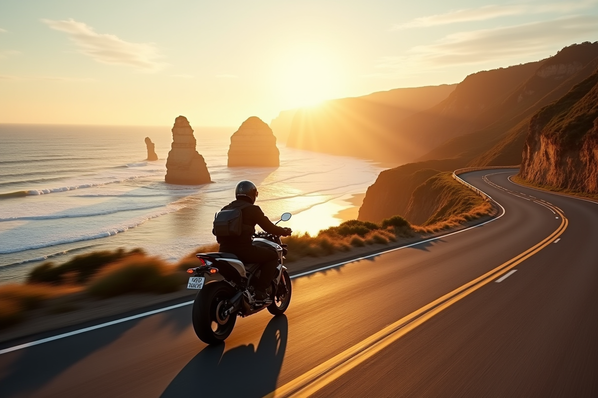 Moto en mouvement sur la Great Ocean Road en Victoria avec falaises et océan