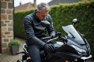 Homme en moto placant un GPS sous la selle d'une moto noire
