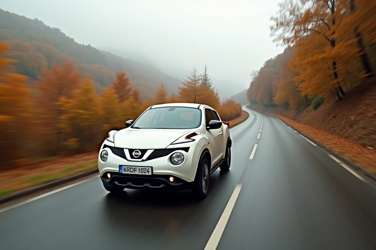 Nissan Juke blanc en conduite sur route de campagne française en automne, test fiabilité longue distance