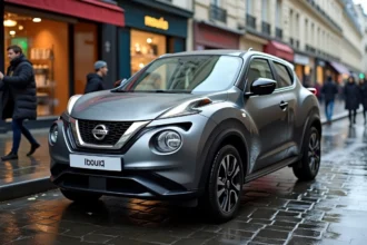Nissan Juke gris garé dans une rue parisienne mouillée, vue trois quarts avant, fiabilité au quotidien en milieu urbain