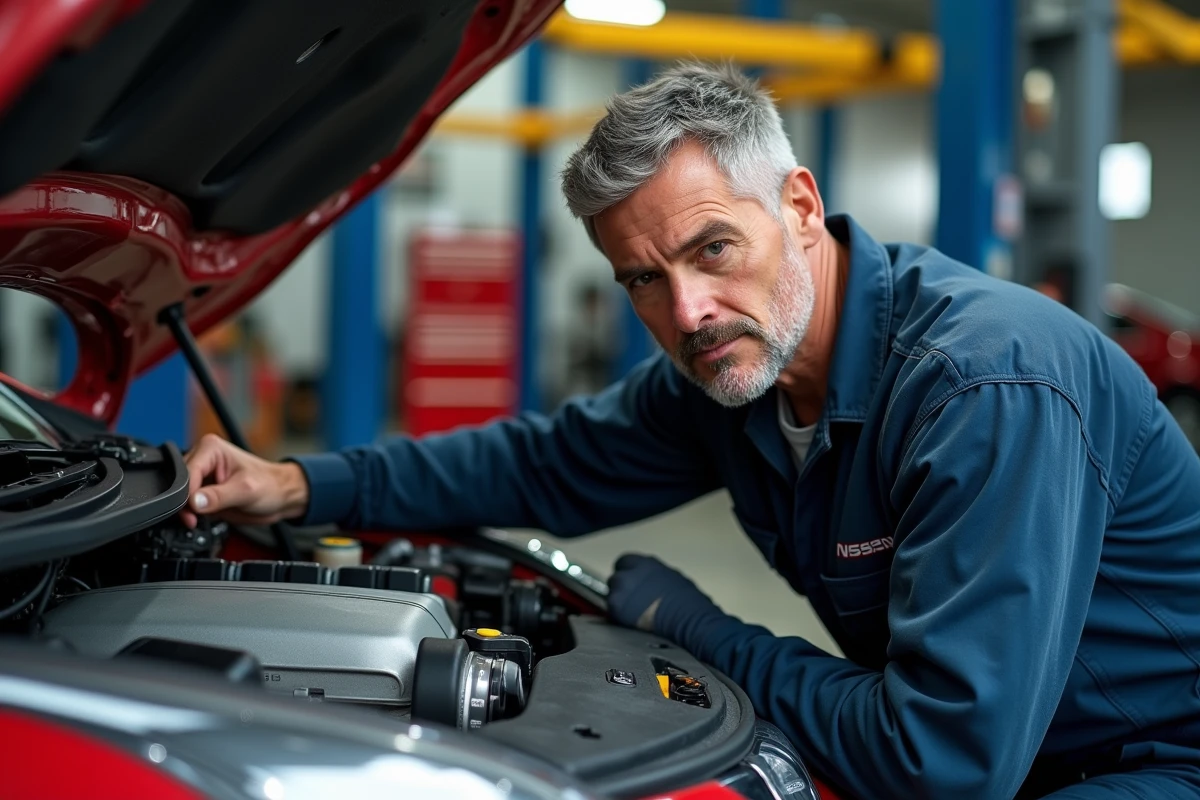 Mécanicien inspectant le moteur turbo d'une Nissan Juke dans un garage indépendant, diagnostic fiabilité moteur