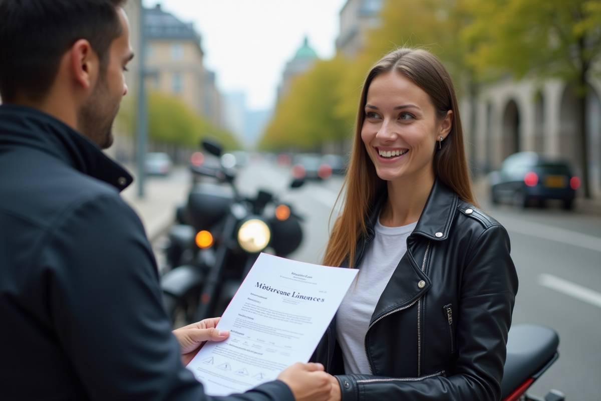 Femme souriante recevant son permis moto de l instructeur