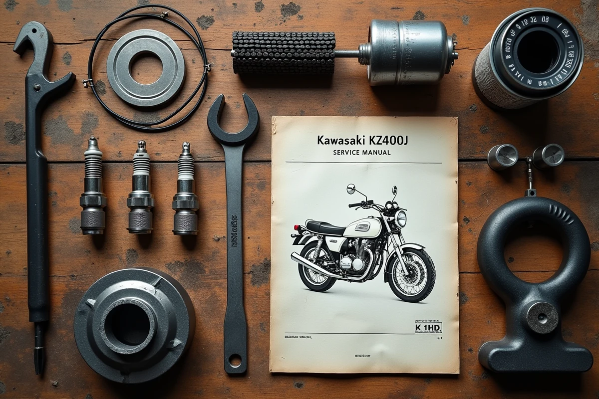 Vue du dessus d'un établi avec outils et pièces détachées pour l'entretien d'une Kawasaki KZ400J et manuel de réparation ouvert