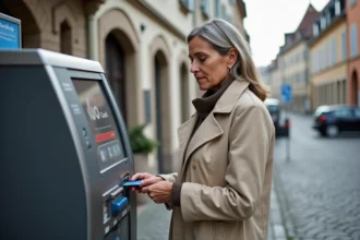 Femme payant son stationnement au terminal de paiement du parking Rapp à Colmar par carte bancaire sans contact
