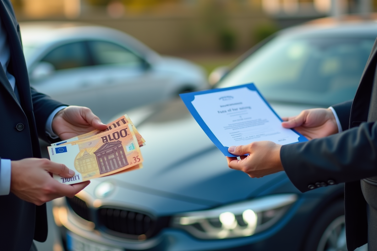 Main passant des billets et un certificat de titre de voiture
