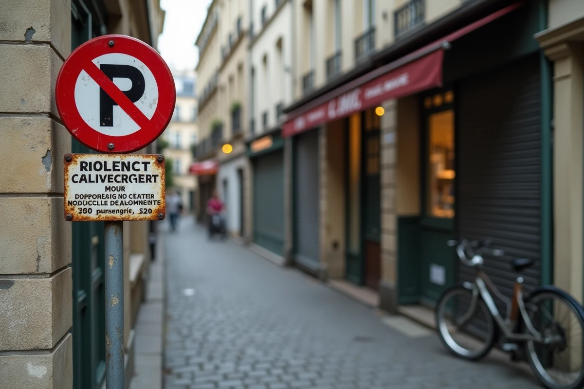 Panneau de stationnement interdit avec arrêté municipal de livraison dans une rue pavée de Paris