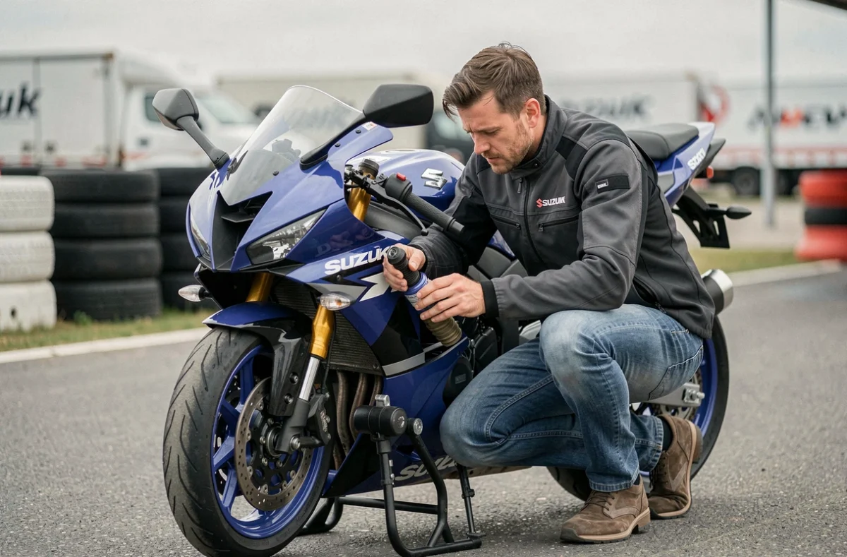 Passionné de moto inspectant les modifications techniques d'une Suzuki GSX-R Srad dans un paddock de circuit