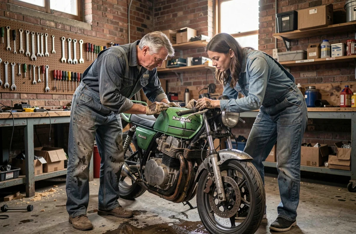 Deux passionnés de moto inspectent une Kawasaki GPZ900R vintage dans un atelier garage, ambiance documentaire authentique