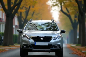Peugeot 2008 gris argent garé dans une rue résidentielle, vue trois quarts avant mettant en valeur le design compact du SUV urbain