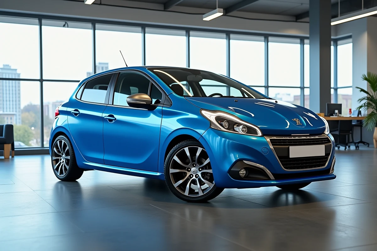 Peugeot 208 bleue métallisée exposée dans une concession automobile moderne avec sol en béton poli et façade vitrée