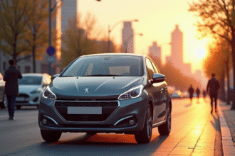 Peugeot 208 électrique au lever du soleil en ville