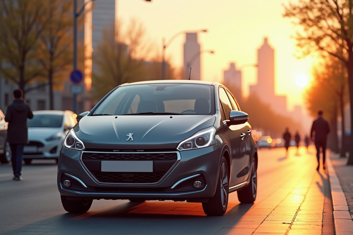 Peugeot 208 électrique au lever du soleil en ville
